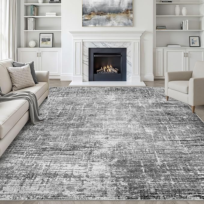 7x9 Area Rug Living Room: Washable Large Neutral Black Rug Abstract Soft Modern Stain Resistant Indoor Floor Non-Slip Carpet for Bedroom Nursery Kids Office Playroom Dining Room Under Table Home