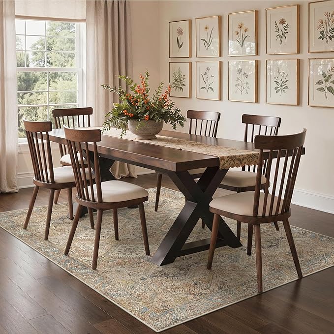 GENIMO 9x12 Area Rugs for Living Room, Machine Washable Non Slip Vintage Rugs, Low Pile Lightweight Print Rug for Bedroom, Dining Room, Home Office, Warm Brown