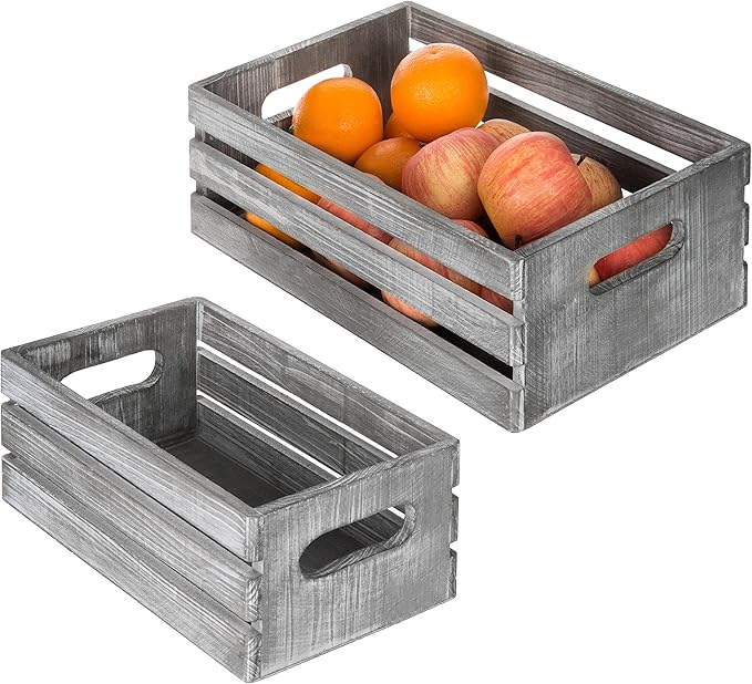 MyGift Rustic Light Gray Solid Wood Decorative Storage Box with Cutout Handles, Country Style Nesting Storage Crate Bin with Open Top Pallet Design, Set of 2
