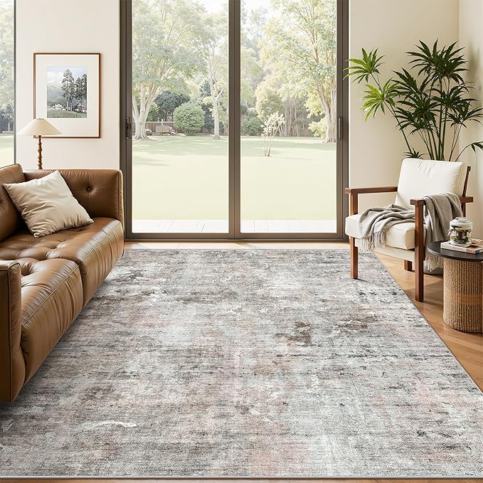 Soalmost 6x9 Abstract Area Rugs for Living Room 6 x 9 Washable Grey Pink Non Slip Low Pile Rugs for Bedroom Dining Room Foldable Thin