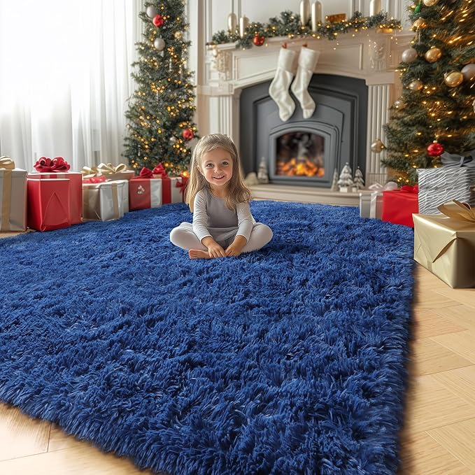 Amdrebio Navy Blue Area Rugs for Boys Bedroom, 5x7 Shag Fluffy Furry Plush Rug for Kids Room, Living Room Decor Aesthetic, Cool Royal Dark Blue Carpet for Baby Nursery Classroom Office Dorm Playroom