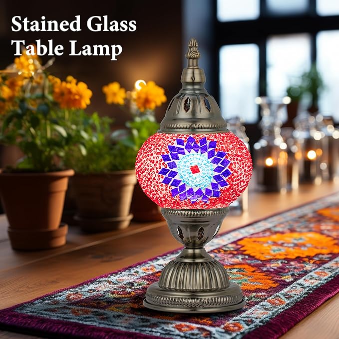 Marrakech Vintage Lamp Turkish Mosaic Lamps with Tiffany Style, Handmade Moroccan Table Lamps with Bronze Base Including LED Bulb for Living Room Bedroom Decor (Red)