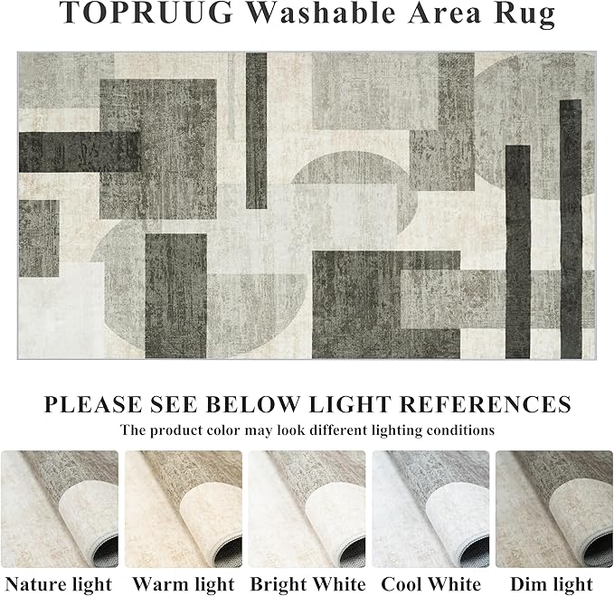 Dining Room Rugs for Under Table - 7x9 Mid Century Modern Rug for Living Room Low Pile Thin Carpet for Bedroom Office - Geometric Minimalist Design for Young Families (Beige/Olive Green/Gray, 7x9)