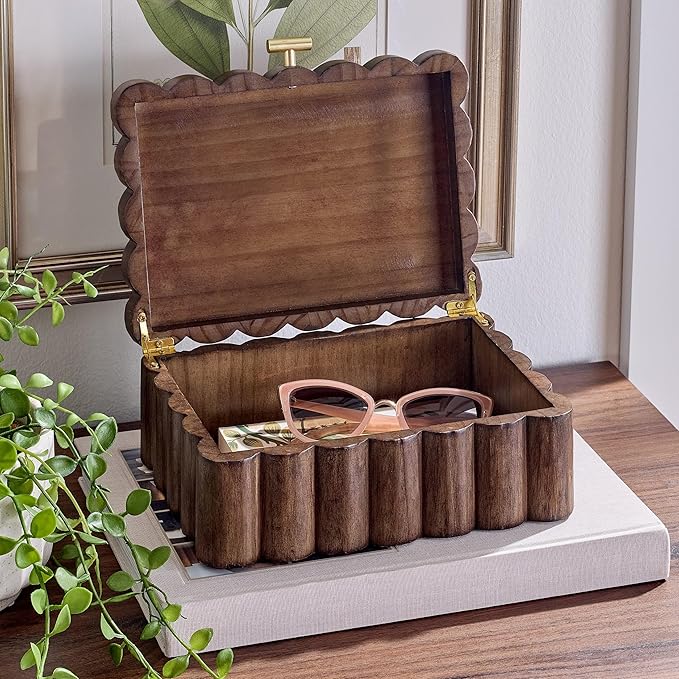 Scalloped Wooden Jewelry Storage Box – Multi-Functional Decorative Organizer for Elegance