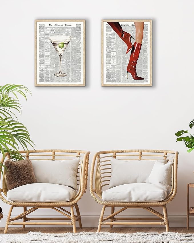 EcoHest Trendy Newspaper Red Boots Framed Wall Art, 12x16 in OAK Wood Fashion Icon Canvas Wall Art, Magazine Home Decor, Beige Logs Retro Set of 1 for Bedroom Living Room
