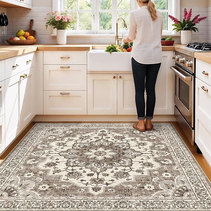 TOPRUUG Washable 5x5 Rug Square - Ultra Soft Living Room Area Rug Under Sofa Non-Slip Rugs for Bedroom Dining Room - Stain Resistant Farmhouse Decor for Family with Pets & Kids (Beige, 5x5)