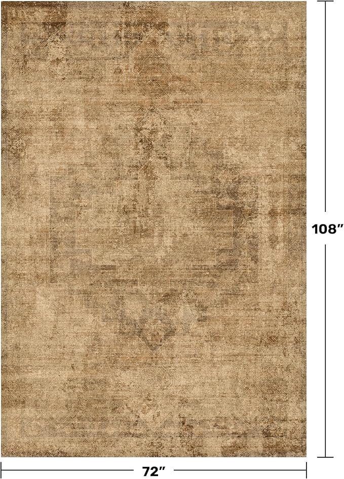 Hazo Haus Vintage Dark Gold Rugs for Living Room - 6x9 Distressed Print Pattern Large Area Rug for Bedroom, Dining Room Under Table, Thin & Soft Washable Brown and Yellow