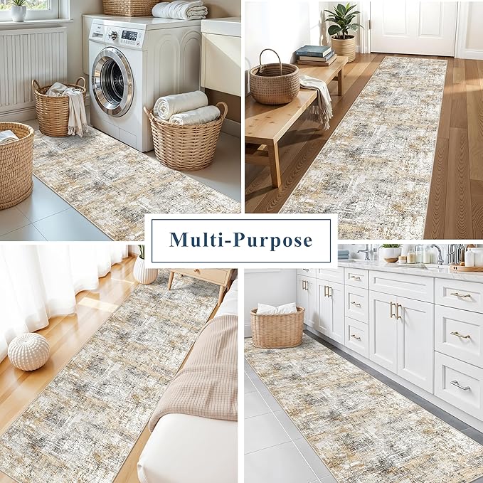 2x10 Ft Long Runner Rug for Hallway – Non-Slip Washable Floor Runner for Kitchen Indoor Entryway, Bedroom, Living Room,Modern Abstract Low-Pile Thin Carpet （Gold Grey）