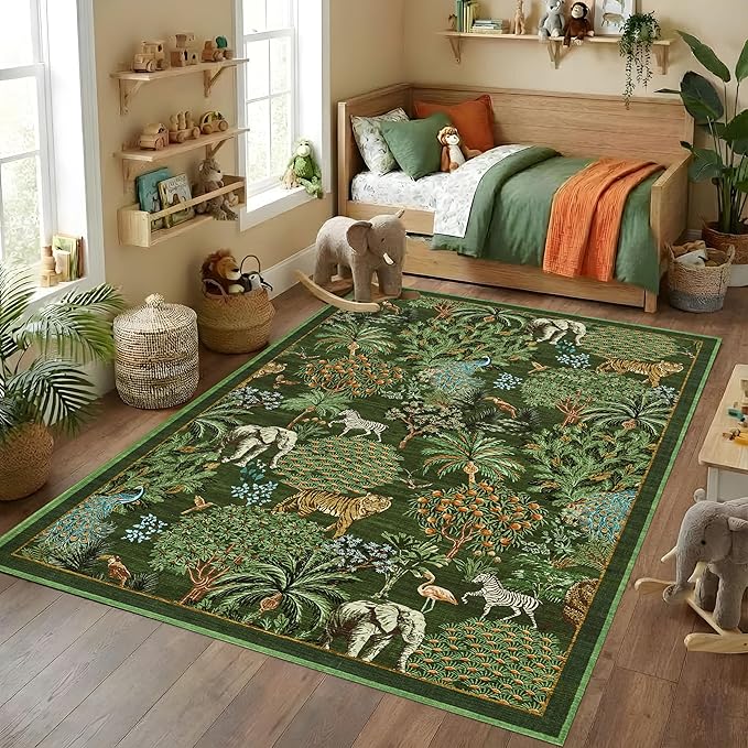 GarveeHome Jungle Animal Print Rug 5x7 Washable Area Rugs for Living Room, Forest Rug Non Slip Low Pile Stain Resistance Large Throw Carpet for Bedroom Dining Room Kids Playroom Nursery, Dark Green