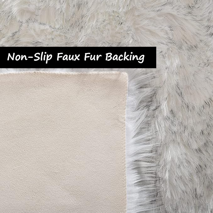 Goolela Fluffy Faux Fur Runner Rug 2x6 for Bedroom White with Grey Tips Faux Sheepskin Rug Bedside Dorm Washable Shaggy Plush Rectangle