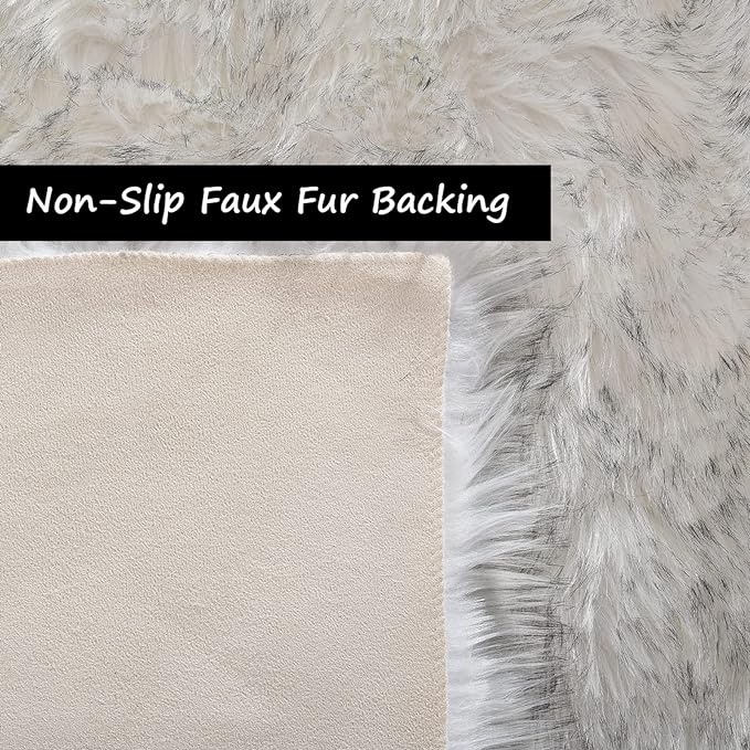 Goolela Round Sheepskin Rug 5ft Fluffy Circle Fuzzy Faux Fur Rug for Bedroom Living Room Plush Soft Washable - White with Grey Tips