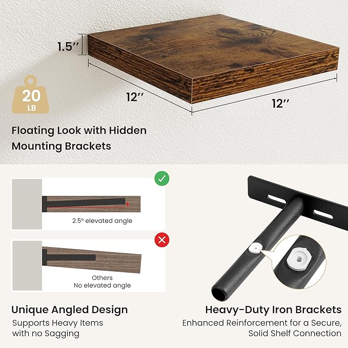 Fun Memories Floating Shelves for Wall, Rustic Wood Wall Mounted Shelves for Bathroom, Bedroom, Living Room and Kitchen, Storage & Home Decor (Set of 3, Brown, 12 in)