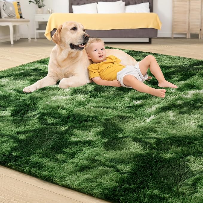 Tepook Fluffy Large Rugs for Living Room, 8x10 Area Rugs for Bedroom, Modern Shag Fuzzy Carpets for Kids Boys Girls, Plush Indoor Nursery Home Decor Rug with Non-Slip Bottom, Tie-Dyed Dark Green