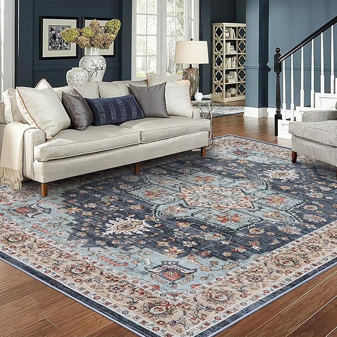 Washable Oriental Area Rug - 8x10 Rugs for Living Room Soft Carpet for Bedroom Waterproof Floral Distressed Indoor Stain Resistant Non-Shedding Floor Carpets (Blue/Teal/Orange, 8x10)