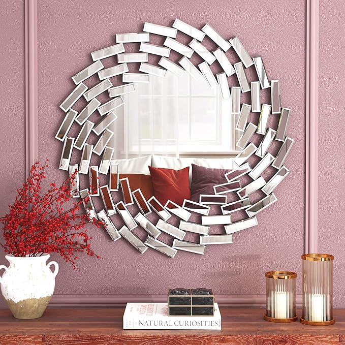SHYFOY 31.5'' Round Mirror Wall Decor Beveled Decorative Wall Mirrors Silver Hanging Mirror for Living Room Bedroom Entryway Large Modern Accent Mirrors