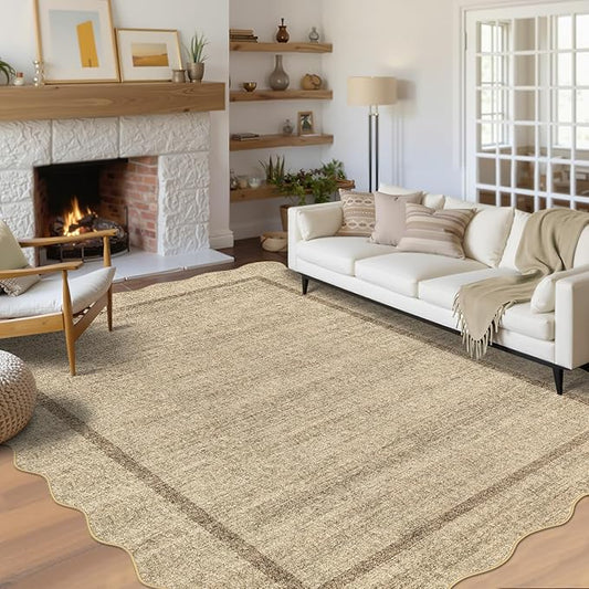 GarveeHome Scalloped Washable Rugs 8x10 Area Rugs for Living Room Modern Non Slip Throw Rugs Large Rug for Bedroom Low Pile Non Shedding Stain Resistant Carpet for Dining Room 8 ft x10 ft Jute
