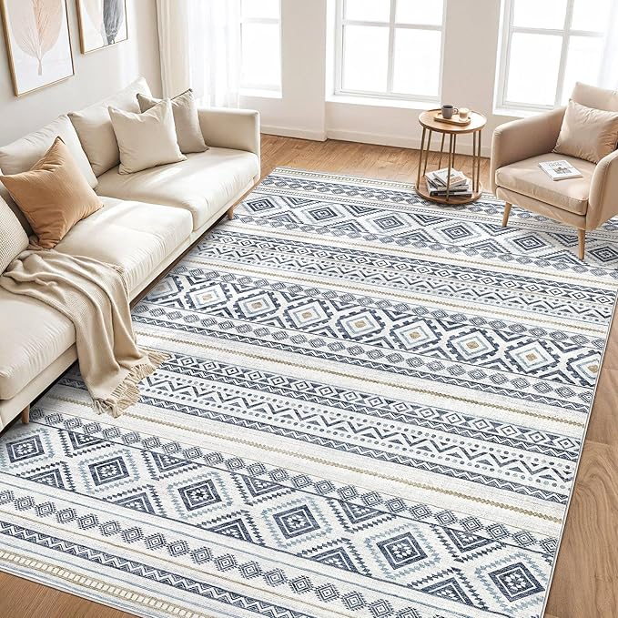 cotiled 6x8 Area Rug Living Room: Washable Boho Rugs with Non Slip Backing Large Soft Indoor Stain Resistant Carpet for Bedroom Farmhouse Dining Room Lightweight Home Decor Blue