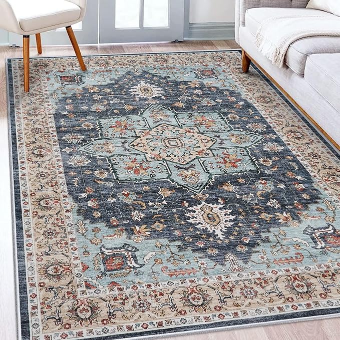 TOPRUUG Washable Oriental Area Rug - 5x7 Rugs for Living Room Soft Carpet for Bedroom Waterproof Floral Distressed Indoor Stain Resistant Non-Shedding Floor Carpets (Blue/Teal/Orange, 5x7)