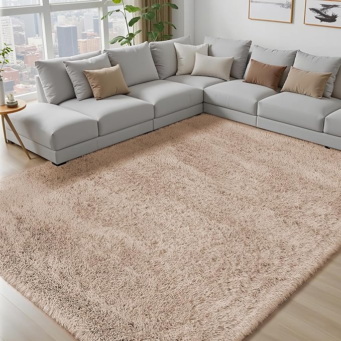 Area Rug for Living Room Bedroom: 9x12 Camel Soft Fluffy Shag Upgrade Non-Slip High Pile Carpet Large Fuzzy Plush Indoor Floor Decor Shaggy Rug for Kid Boys Girls Dorms Playroom Nursery Modern Home