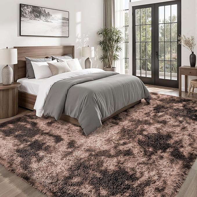 Area Rug for Living Room Bedroom: 9x12 Soft Fluffy Shag Upgrade Non-Slip High Pile Carpet Large Fuzzy Plush Indoor Floor Decor Shaggy Coffe Tie-Dyed Rug for Kid Boys Girls Playroom Nursery Modern Home