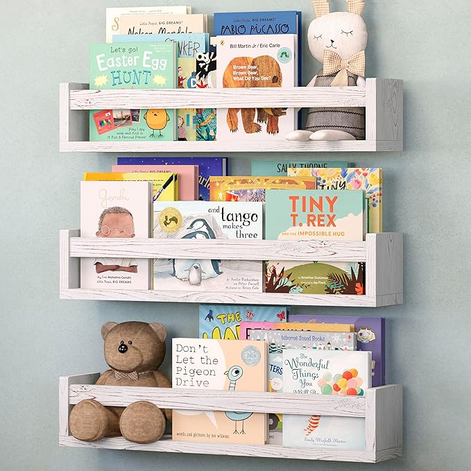 NATURE SUPPLIES Set of 3, 23.1" Whitewashed Floating Shelves for Wall, Kids Bookshelf for Bedroom, Nursery Storage, Decorative Wall Shelves for Kids Rooms, Modern Nursery Décor, Space-Saving Design