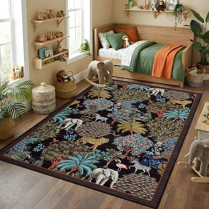 GarveeHome Jungle Animal Print Rug 4x6 Washable Area Rugs for Living Room, Forest Rug Non Slip Soft Low Pile Stain Resistance Throw Carpet for Bedroom Kids Playroom Nursery Black
