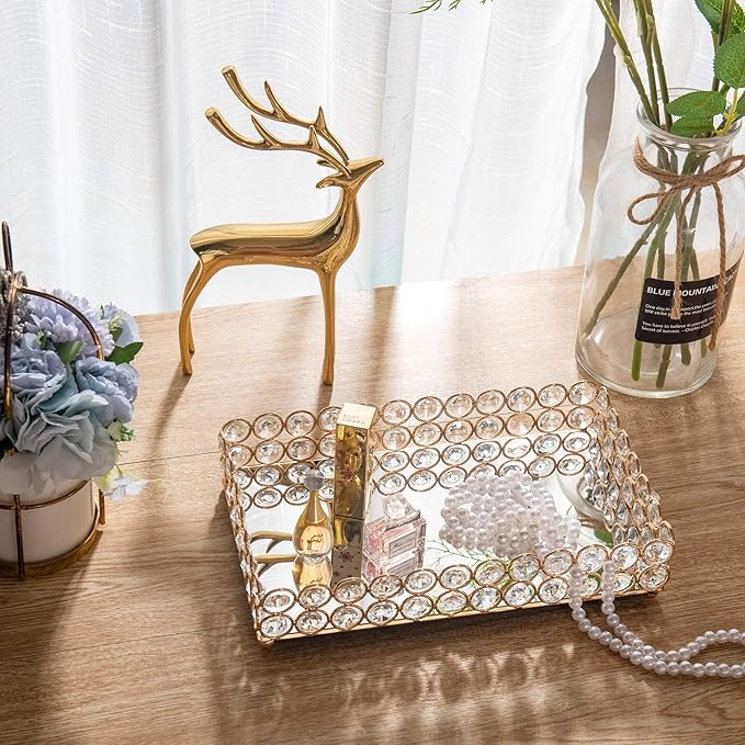 Feyarl 10 Inch Crystal Cosmetic Perfume Tray Vanity Makeup Jewelry Trinket Organizer Mirrored Decorative Tray Storage for Coffee Table Home Deco Wedding Dresser Birthday Gift (Gold)