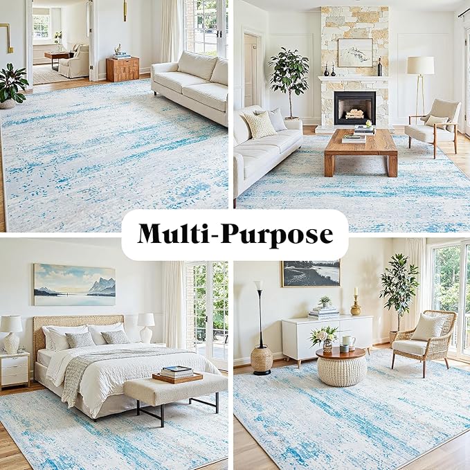 5x7 Area Rugs Washable Rug:Anti-Skid Abstract Modern Living Room Rug Soft Thin Carpets Indoor Floor Non-Shedding Carpet for Bedroom Dining Farmhouse Nursery Home Office(Light Blue/White/Beige, 5x7)