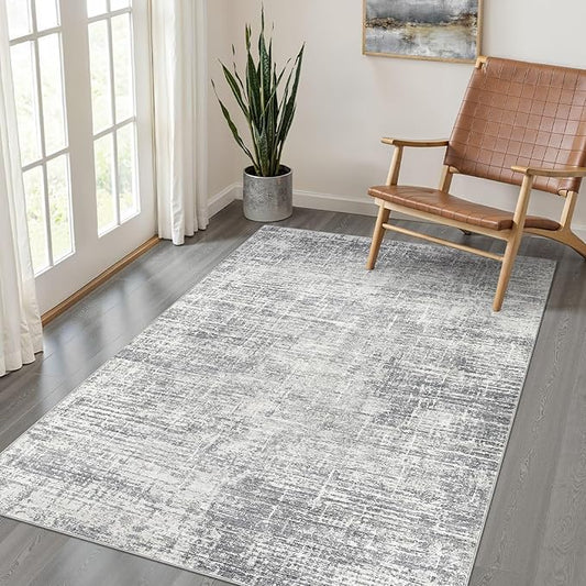4x6 Rug Washable Area Rugs: Neutral Abstract Soft Modern Stain Resistant Small Indoor Floor Non-Slip Low Pile Throw Carpet for Entryway Kitchen Bedroom Nursery Kids Office Playroom Home House- Grey