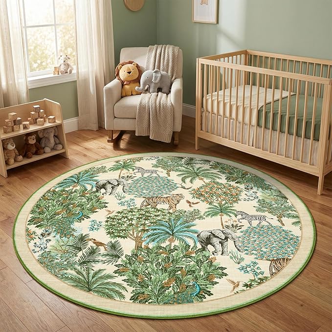 GarveeHome Jungle Round Washable Rugs 6ft Non-Slip Soft Round Rug for Kids Room, Forest Animal Print Tiger Circle Carpet for Bedroom Entryway Playroom Nursery, Beige