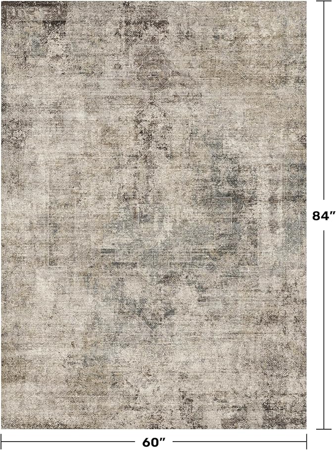 Hazo Haus Farmhouse Washable 5x7 Area Rug for Living Room, Neutral Brown Gray Taupe Distressed Style for Bedroom & Dining Room, Non-Slip Low-Pile Stain Resistant