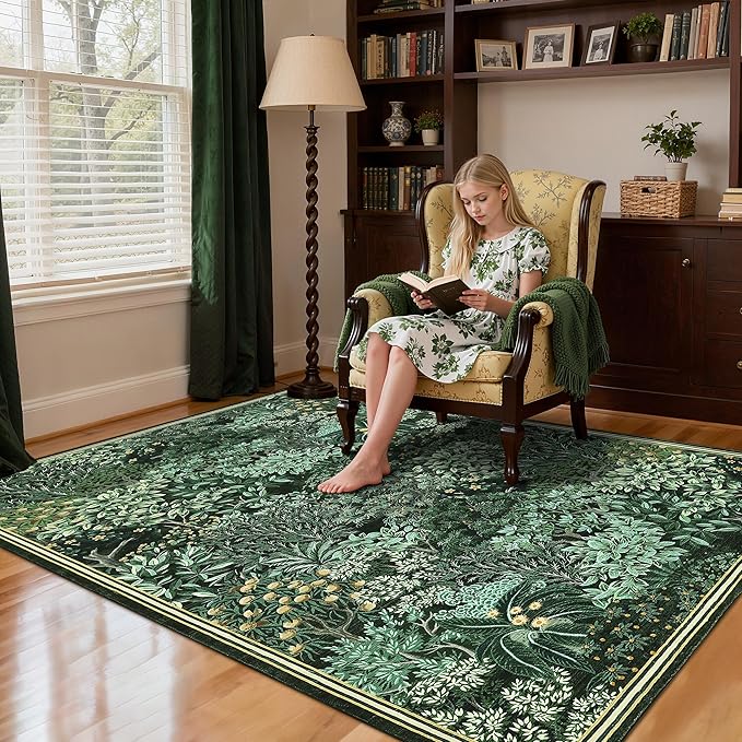 GarveeHome Forest Rugs 8x10, Green Washable 8x10 Area Rug for Living Room, Botanical Low Pile Non Slip Stain Resistance Large Carpet for Office Dining Room, Farmhouse