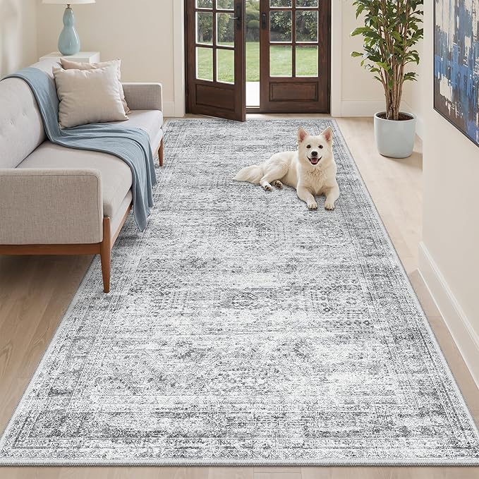 Soalmost Hallway Runner Rug 4x8 Wide: Washable Thin Runners for Hallways Entry, Non Slip Soft Vintage Kitchen Area Rugs for Living Room Bedroom Dining Room Foyer (Grey, 4x8)