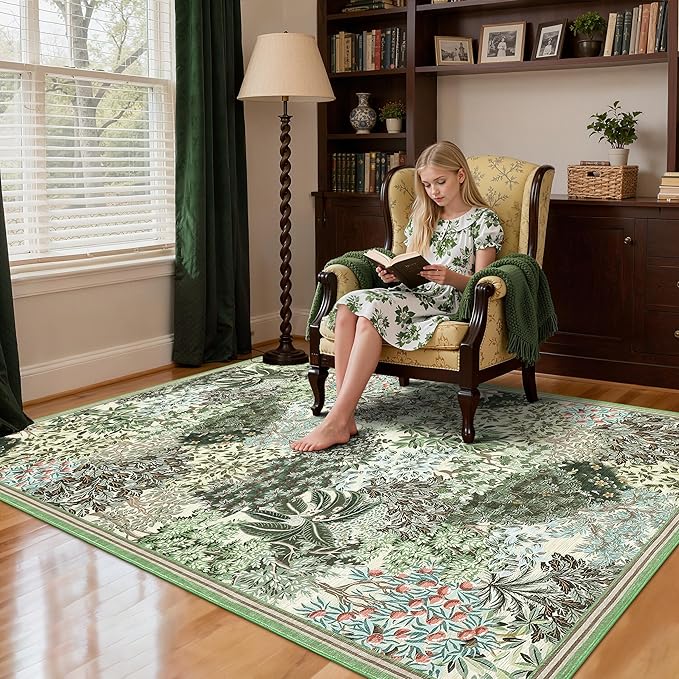 GarveeHome Forest Rugs 5x7, Beige Green Washable Area Rugs for Living Room 5x7, Botanical Low Pile Non Slip Stain Resistance Woodland Rug for Farmhouse, Bedroom, Dining Room