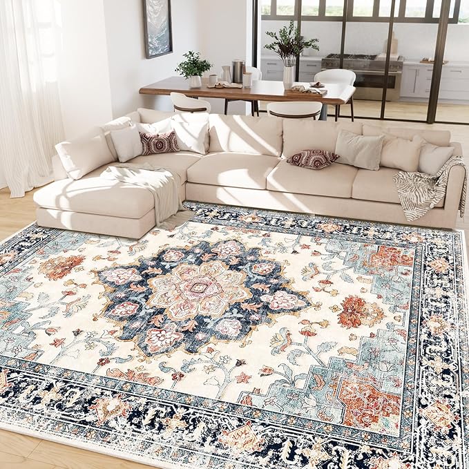 CAPALOCA Machine Washable Rugs Nursery Rug 6x9 Cute Girl Non Slip Low Pile Water Repellent Soft Print Pattern for Bedroom Indoor Decor Kids Playroom Bluebeige