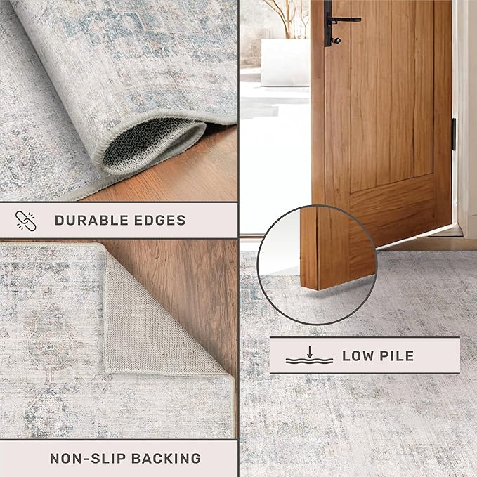 Hazo Haus Light Blue Farmhouse Area Rug for Bedroom - 6x8 Washable Rug for Dining Room Table, Ultra-Thin Soft Textured Dusty Blue Boho Indoor Decor, Fade & Stain Resistant