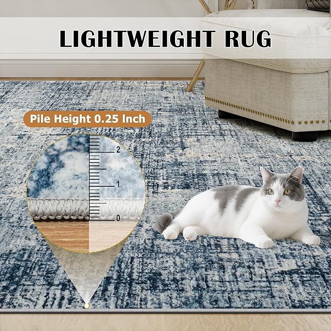 8x10 Area Rugs for Living Room Washable Rug: Anti-Skid Abstract Modern Living Room Rug Soft Thin Carpets Indoor Floor Non-Shedding Carpet for Bedroom Dining Farmhouse Nursery Home Office Blue Gold