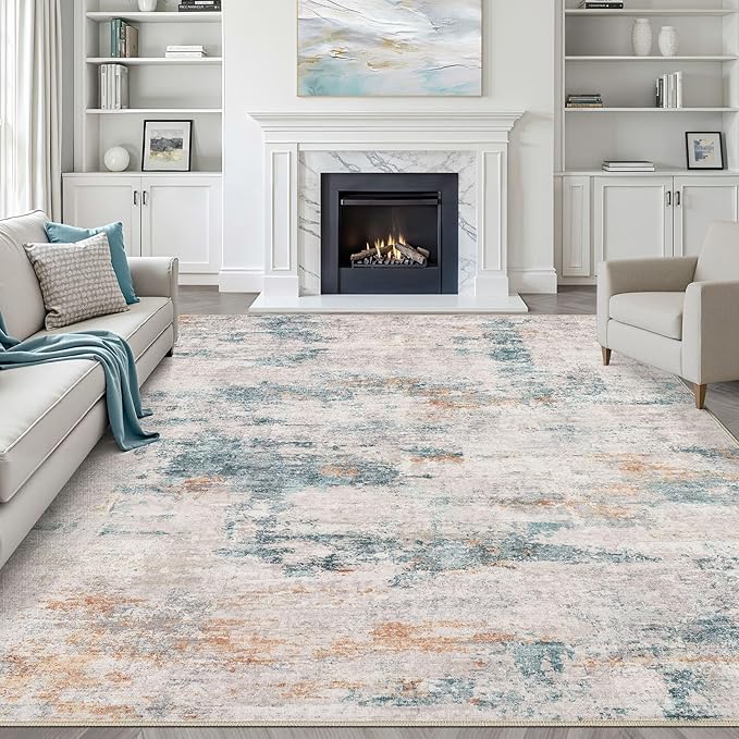 8x10 Area Rugs Living Room: Washable Large Neutral Aqua Brown Rug Abstract Soft Modern Stain Resistant Indoor Floor Non-Slip Carpet for Bedroom Nursery Kids Office Playroom Dining Room Under Table