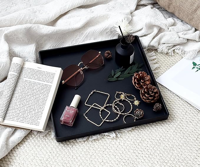 Versatile Black Square Tray - 11 Inch Organizer Decorative Tray for Bathroom Vanity, Coffee Table, Dresser & Kitchen Countertop - Black Catch-All Tray for Home Decor, Jewelry, Makeup & Snacks