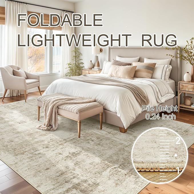 Soalmost 6x9 Abstract Area Rugs for Living Room 6 x 9 Washable Non Slip Low Pile Gray Rugs for Bedroom Dining Room Foldable Thin Beige Gray