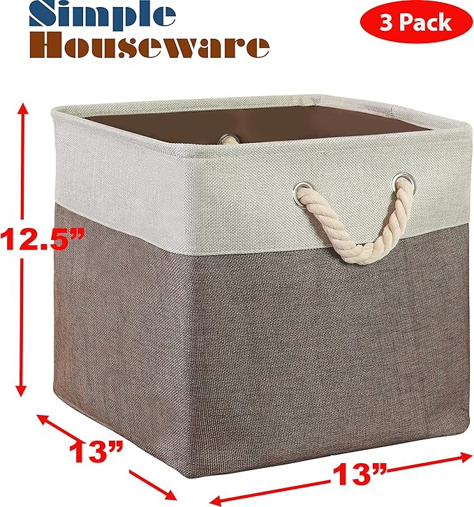 Simple Houseware Fabric Storage Cubes, 13" x 13" Storage Bin, 3 Pack, Brown