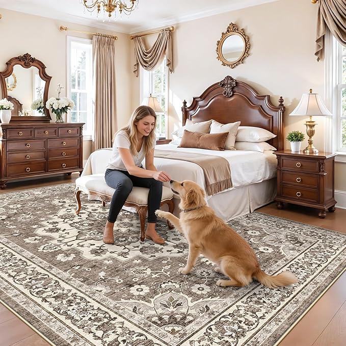 TOPRUUG Washable Oriental Area Rug - 8x12 Area Rugs for Living Room Bedroom Dining Room Under Kitchen Table - Non-Slip & Stain Resistance Rug for High Traffic Area (Beige, 8x12)