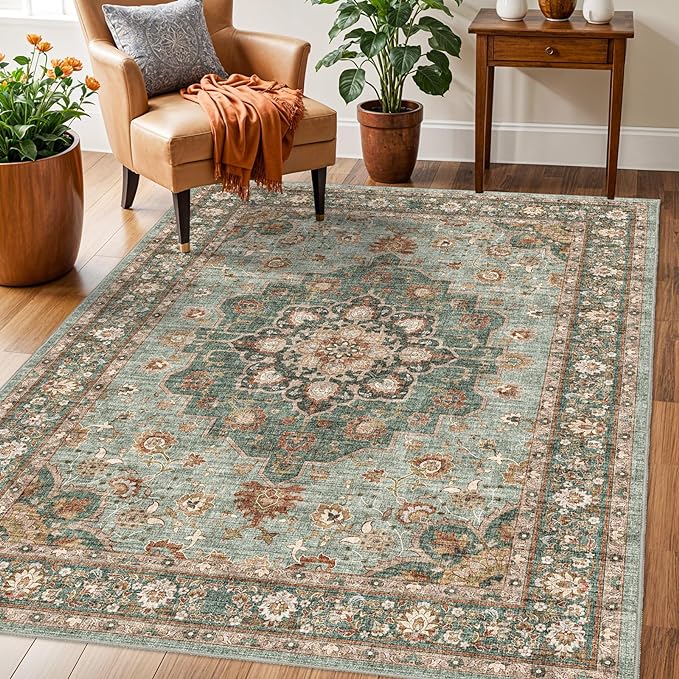 TOPRUUG Washable Oriental Area Rug - 3x5 Rugs for Living Room Soft Carpet for Bedroom Waterproof Floral Distressed Indoor Stain Resistant Non-Shedding Floor Carpets (Green, 3X5)