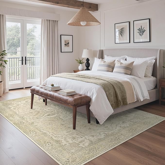 GENIMO 8X10 Washable Vintage Area Rugs for Living Room, Non-Slip Low Pile Chenille Print Rug, Soft Rugs for Bedroom Dining Room Home Office, Linen & Taupe