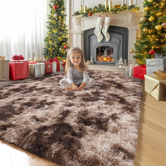 Amdrebio Tie-Dyed Brown Rugs for Bedroom Living Room, 8x10 Large Fluffy Shaggy Plush Area Rugs for Kids Room Decor Aesthetic, Modern Cool Fuzzy Furry Carpet for Classroom Playroom Preppy Dorm Nursery