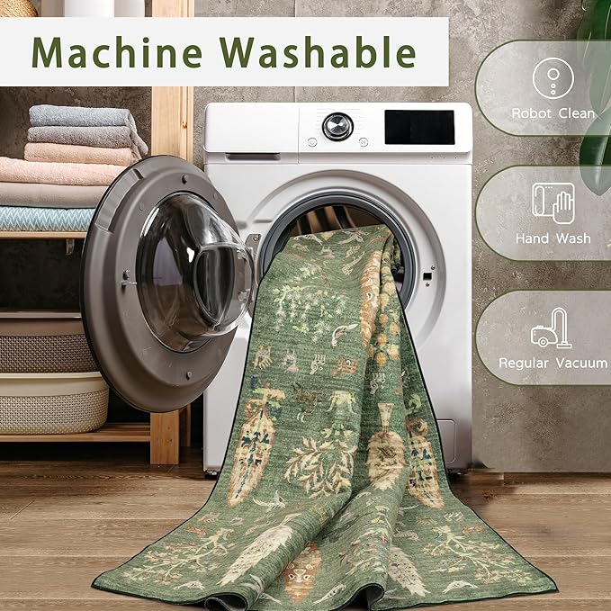 Srugn Washable Rugs 8x10 Area Rugs for Living Room,Bedroom,Dining Room- Large Ultra Soft Faux Wool Retro Carpet,Non Slip&Non-Shedding Low Pile Vintage Print Rug for Home Office Dorm-Grass Green