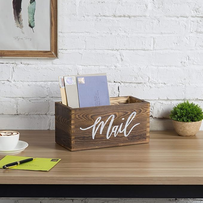MyGift Mail Holder Storage Organizer Box Rustic Brown Wood with MAIL Script Design, Desktop Letters, Bills, Notes and Postcard Bin for Home Office Dorm Room