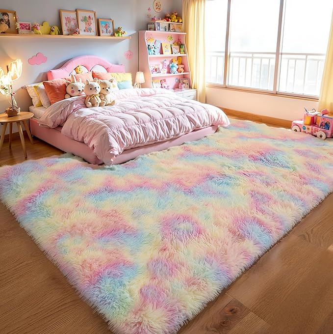 KCHOWUA Fluffy Fuzzy Unicorn Rugs for Girls Bedroom,3x5 Washable Non Slip Shag Shaggy Area Rug for Living Room,Princess Kids Toddler Boys Nursery Dorm Room Classroom Carpets,Rainbow