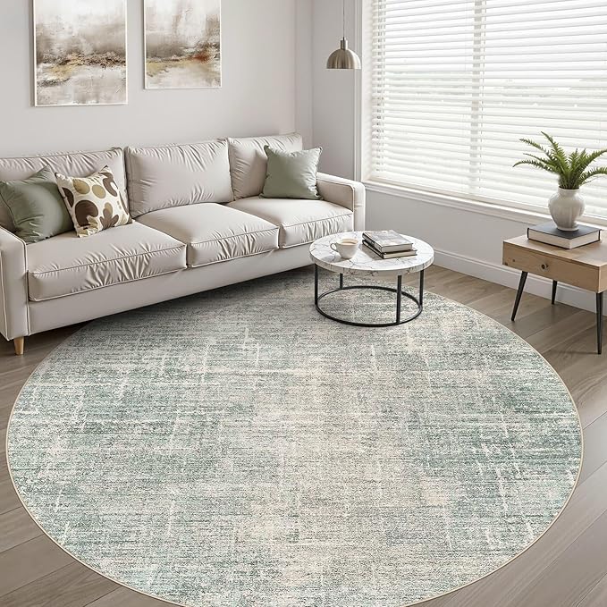 8ft Round Rug Living Room: 8x8 Washable Large Neutral Green Circle Area Rug Abstract Soft Modern Stain Resistant Indoor Floor Non-Slip Carpet for Bedroom Nursery Kids Office Playroom Dining Room