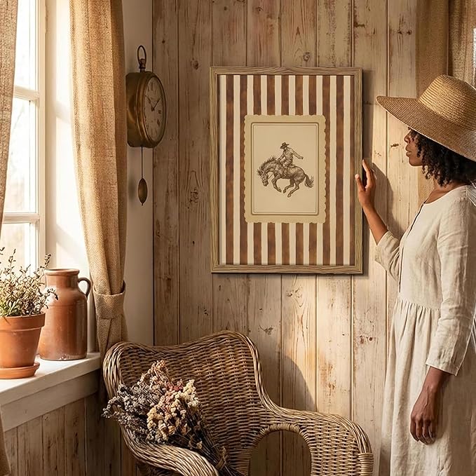 Framed Vintage Western Wall Art, Southwestern Cowboy Horse Canvas Wall Decor Painting, Mid Century Rustic Striped Cowboy Artwork Print Picture for Living Room Bedroom Bathroom 12x16 Inch